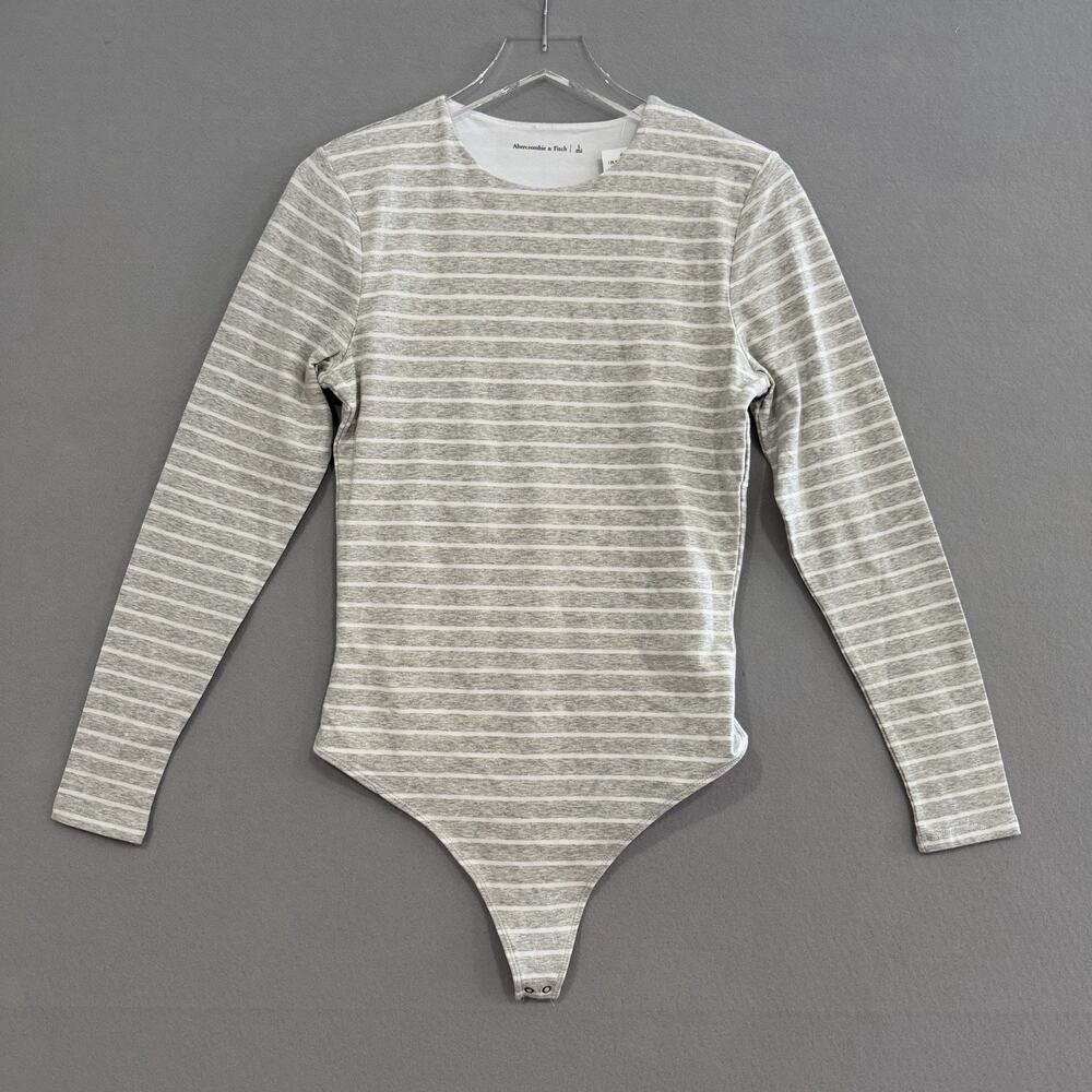 NWT Abercrombie & Fitch Bodysuit Large Gray Striped Fitted Long Sleeve